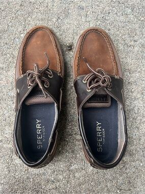 Sperry Topsider Two-Tone Brown Leather & Dark Brown Tarpon 2-Eye Boat Shoes 9